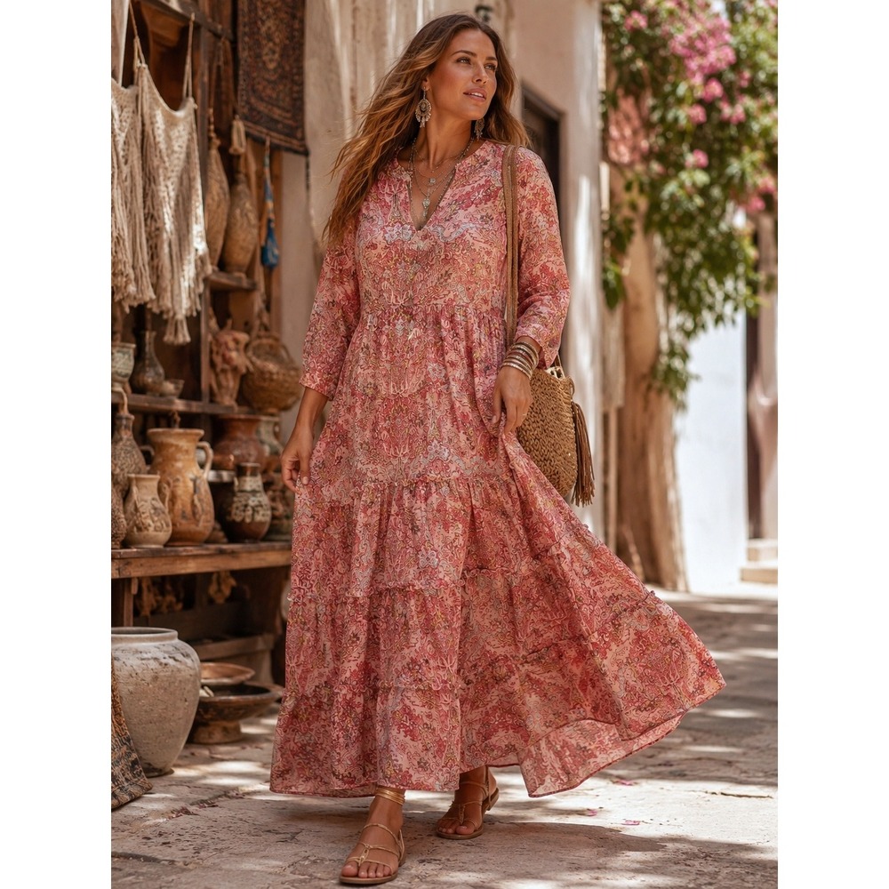 Wonderly Maxi Dress Womens 2X Pink Tiered Boho Paisley Boho Peasant Cottagecore